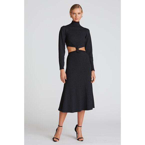Amur Rosemary Black Metallic Knit Twist Midi Dress Size Small